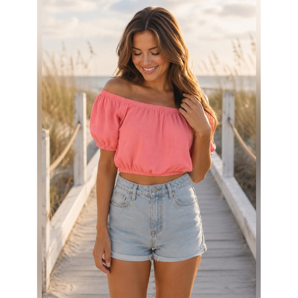 About a Girl Los Angeles Off Shoulder Crop Top Peach Coral XS NWT Juniors